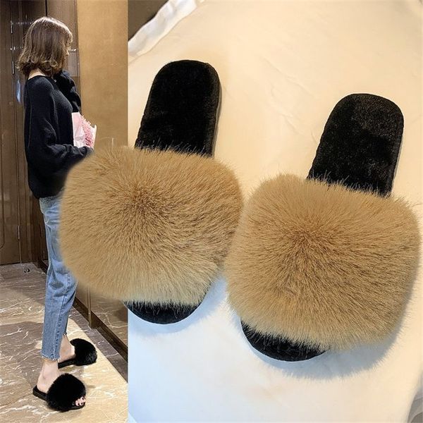 

women fur slides winter shoes home woman luxury furry slippers indoor female sandals fluffy cute fluffy slippers 2020 new, Black