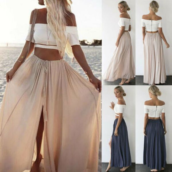 

2020 summer womens double layer chiffon pleated long maxiskirt elastic waist beach wear skirt, Black