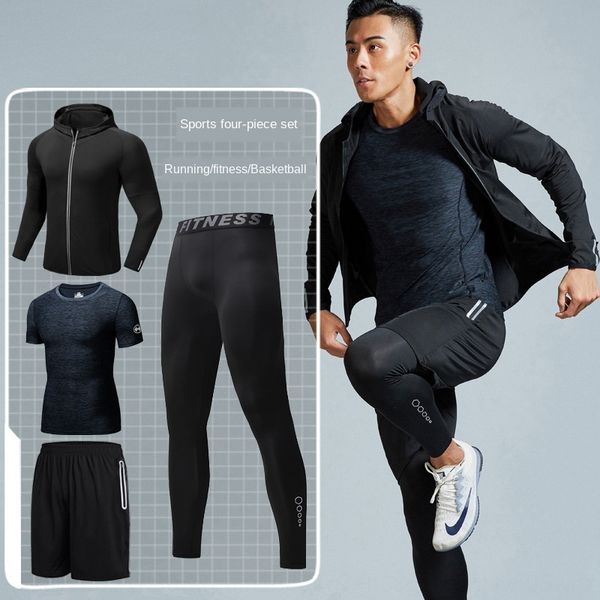 

5wlvv autumn new fitness clothes men's gym running quick-drying sports suit sportswear three or four-piece four-piece tights sportswear, Black