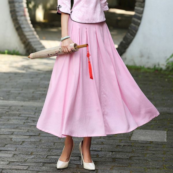 

bewind maxi skirt spring summer high waist cotton pink white skirt woman solid color school style pleated skirt long, Black