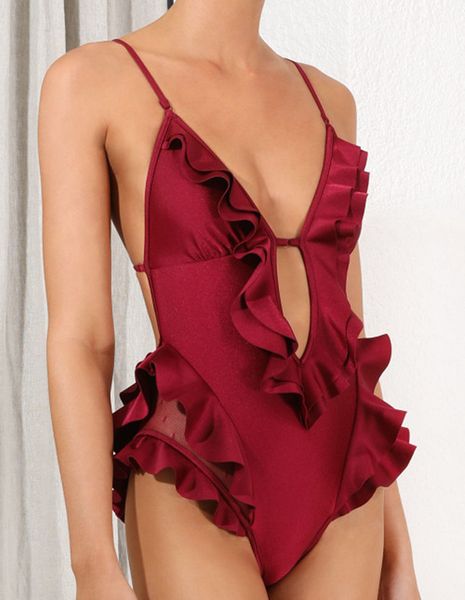 

wine red swimsuit plunge ruches ruffle one piece swimsuit solid bodysuit monokini swimwear women bathing suits maillot de bain