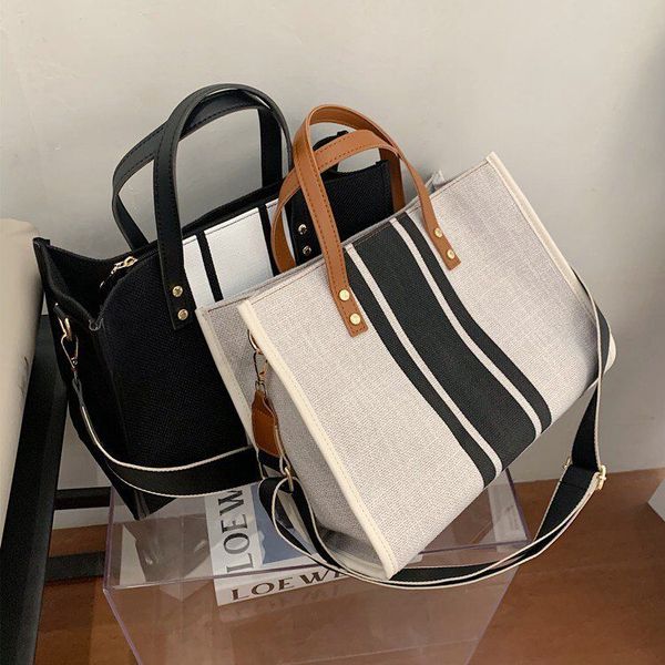 

leather luggage tag korean niche design tote bag hit color bags vertical stripes canvas women's bag shoulder diagonal portable retro ba