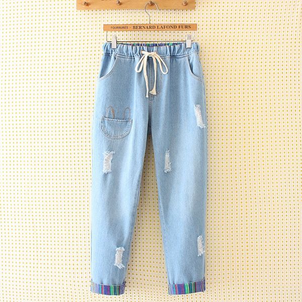 

large size women's fat sister loose fashion hole korean style color stripe flanging student 9 pants 6680134 jeans and jeans, Blue