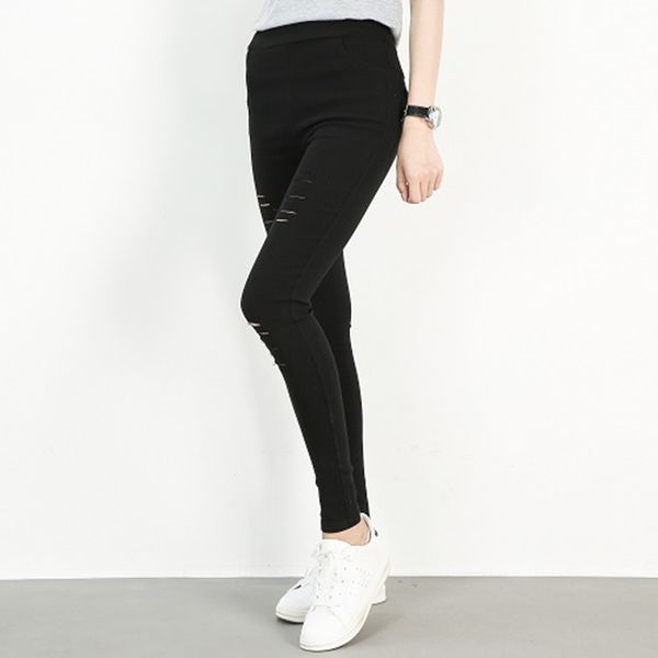 

new pants women fashion slim high waisted stretchy skinny broken hole pencil pants solid color streetwear trousers, Black