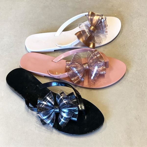 

2020 flip-flops sandals and slippers new melissa melissa sweet slippers jelly striped bow flip-flops women's sandals