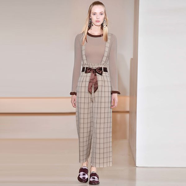 

new women knitted cotton long sleeve and plaid long trousers set, Gray