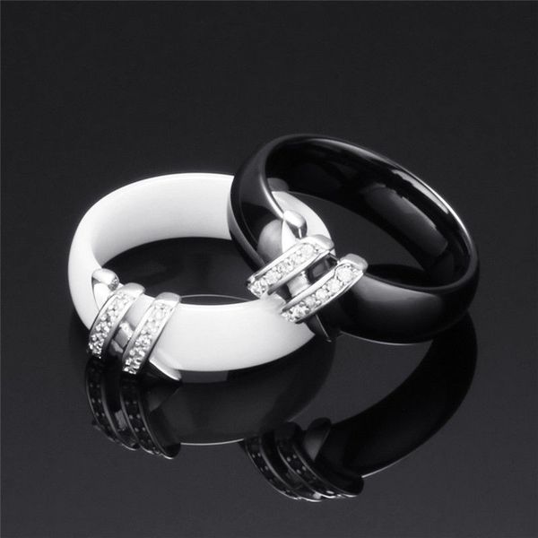 

2020 fashion 6mm black and white simple style two line crystal ziron ceramic rings for women fashion jewelry gift, Golden;silver