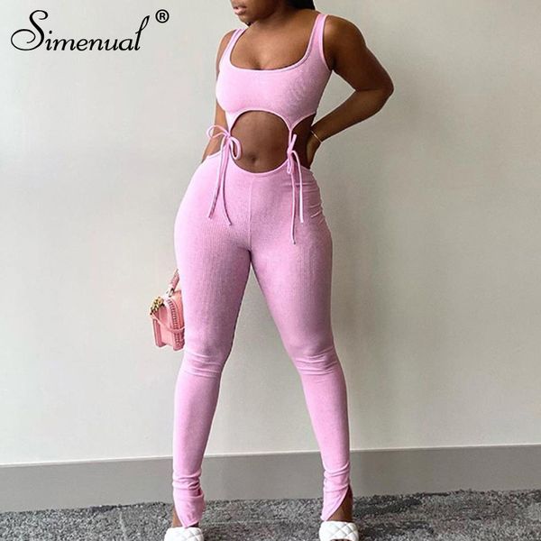 

simenual bandage fitness fashion women matching sets sleeveless solid sporty workout two piece outfits skinny and pants set, White