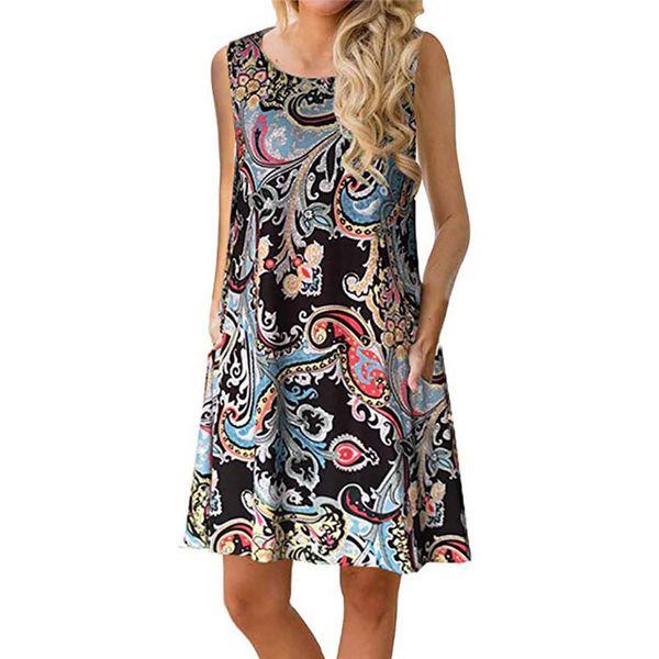 

summer beach dress 2020 women sleeveless boho print dress casual summer o neck pockets a line loose dress plus size 2xl vestidos, Black;gray