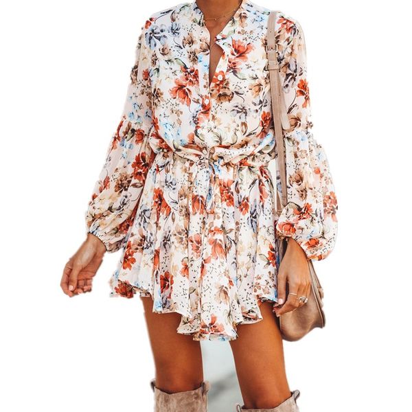 

casual dresses 2021 spring irregular print chiffon short dress ruffled mini vintage lantern sleeve lace up slim vestido, Black;gray