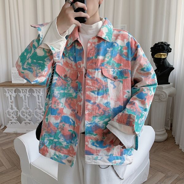 

ji tie-dyed denim men's korean youth ins coat trendy brand coat men's autumn clothes, Black;brown
