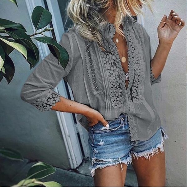 

womens lace ruffled blouse plus size 5xl 3 4 sleeve patchwork office regular lady womens and blouses 2020 spring summer, White