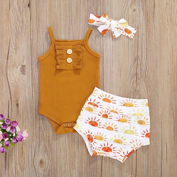 

0-18m newborn baby girl sleveless romper + floral shorts +headband 3pcs summer outfit set, White