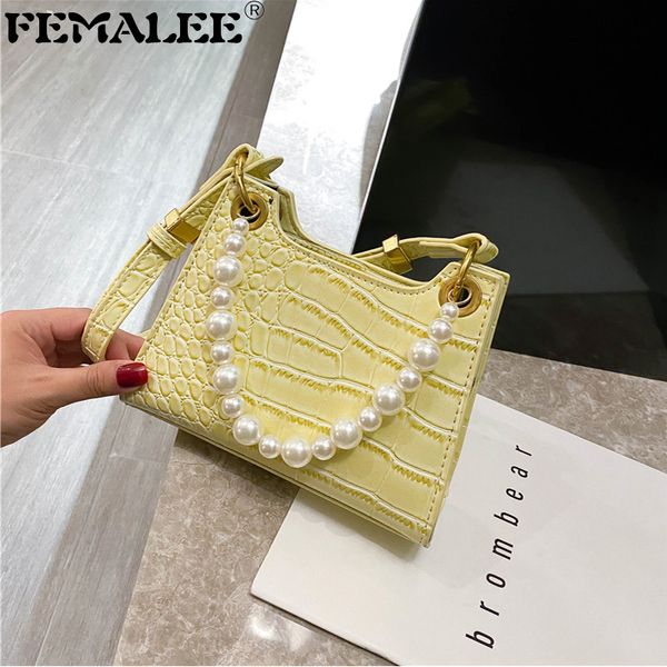 

new fashion french style tote crocodile pattern baguette shoulder bag women pearls chain handbag luxury alligator underarm bag