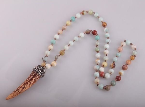 

fashion natural amazonite stones halsband ox horn pendant necklace, Silver