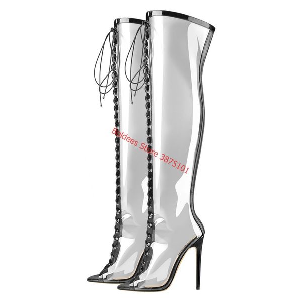 

transparent pvc tall boots women peep toe stiletto 12cm high heels above-the-knee summer boots lace up party fashion show shoes, Black