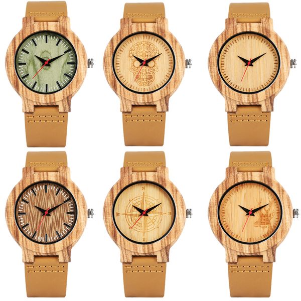 

casual men's bamboo wristwatch natural wood watches skull/compass dial wooden watch for male boy quartz analog display leather strap gi, Slivery;brown