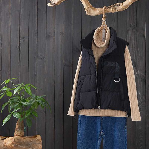 

women's down & parkas winter vest women short style solid sleeveless jacket korean stand collar thick cotton female puffer coat, Black