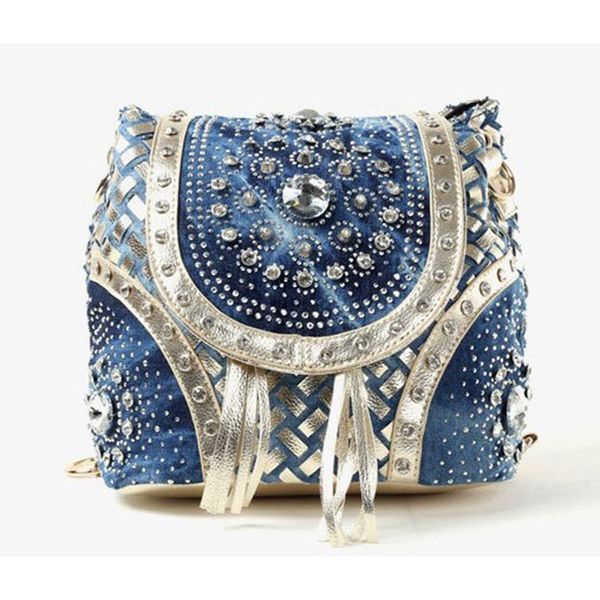 

fashion female bag denim women's handbag woven belt drill chain strap tassel shoulder bag bw01-sb-bznsdz