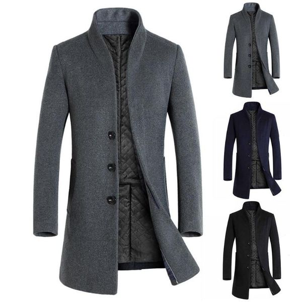

men's wool & blends men winter long sleeve stand collar buttons pockets warm woolen trench coat, Black