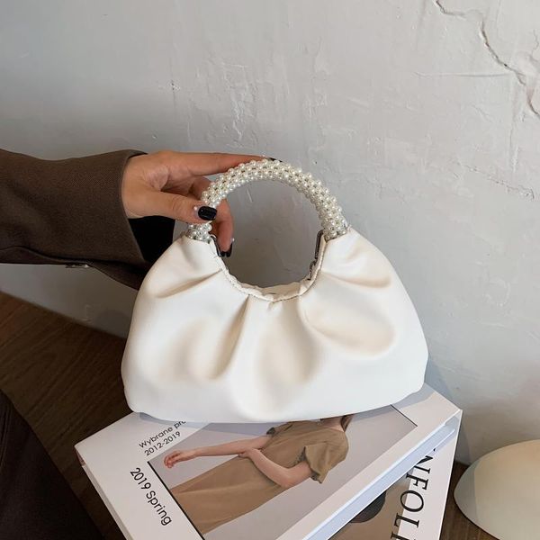 

cute pearl hand strap folds design pu leather for women 2020 elegant handbags female travel totes lady fashion crossbody bags