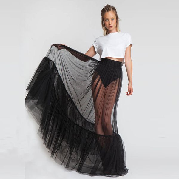 

2020 new design one layer black maxi prom skirt see through women black long tulle skirt with ruched edge custom made