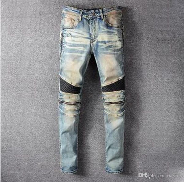 

2020 new fashion trend brand autumn spring men's knee stitching pengkla punk chain slim feet male jeans blue 28 -40