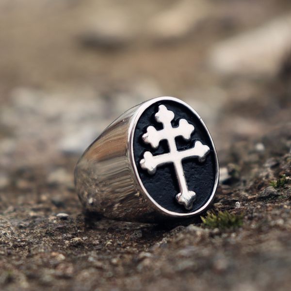 

classic cross of lorraine signet rings mens 316l stainless steel biker ring biker fashion jewelry size 8-13, Silver