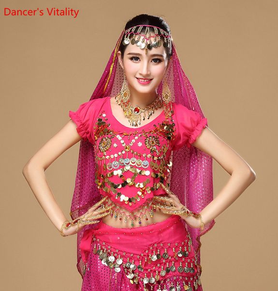 

women's belly dance costume shirt chiffon lantern short sleeves gold coins tees clothing belly dancing practice, Black;red