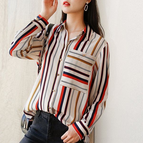 

fengwu silk road 2020 spring new fashion striped casual women's silk shirt long sleeve commuting versatile shirt, White