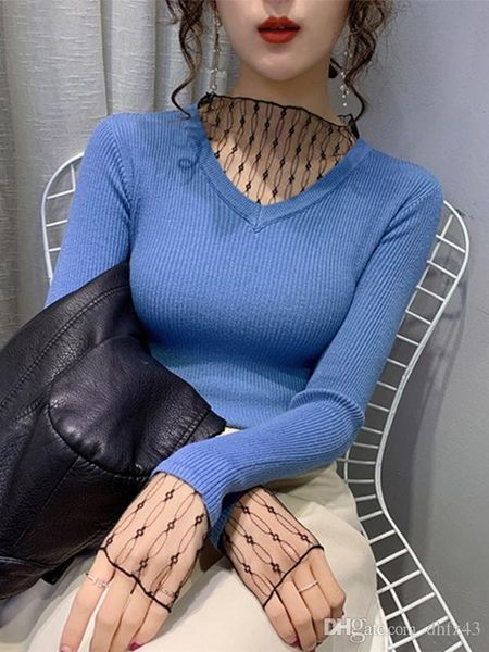 

2020 spring new lace v-neck pullover sweater women's long-sleeve tight shirt female ladies all-match slim sweater jumper femme, White;black