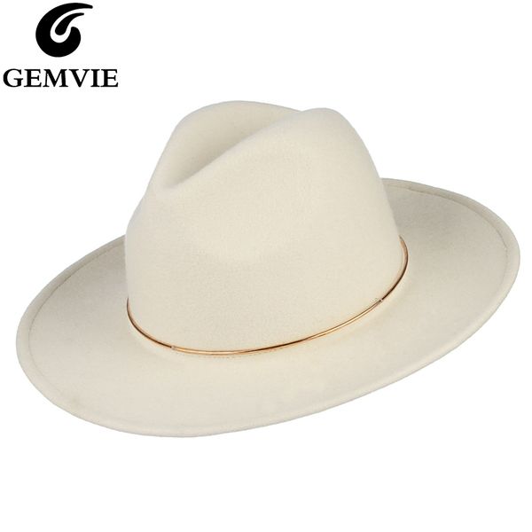 

gemvie 100% wool hat white felt fedoras hat for women metal ring lady wide brim new fashion autumn winter panama jazz cap t200718, Blue;gray