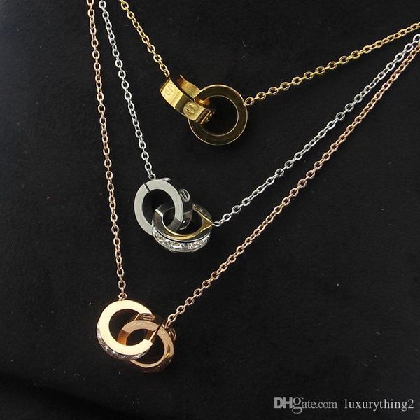

2019 wholesale gold plated double rings pendant necklace choker 316l stainless steel two circle rings necklace jewelry for women, Silver