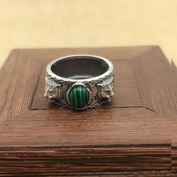 

s925 silver tiger head ring fashion retro thai silver double tiger head ring feline inlaid malachite men's domineering ring