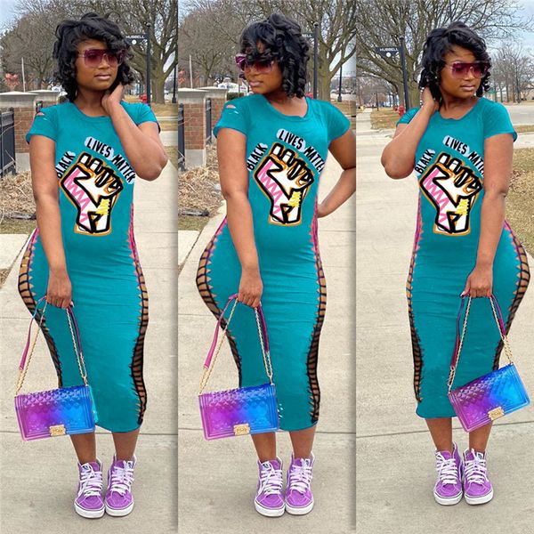 

women bodycon dresses black lives matter letters print broken hole short sleeves t shirt dress slim one piece skirts dress s-3xl d71401, White