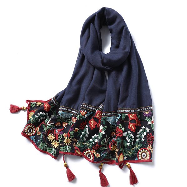 

lace embroidery cotton scarf women 2020 vintage floral print shawls and wraps solid tassels pashmina lady foulard hijab femme t200729, Blue;gray