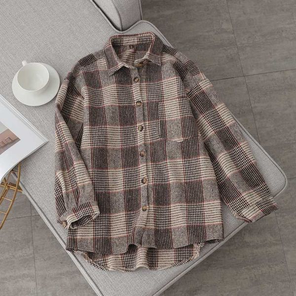 

thick woolen plaid long sleeve shirt female warm s8073-aq, White