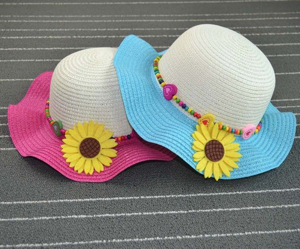 

new summer children's flower straw sun doll sun hat hat girl's baby sunscreen sunshade big eaves wavy flower sand, Blue;gray