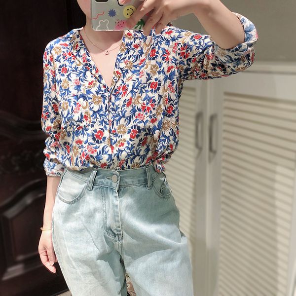 

women shirt floral lapel shirt bag buckle suit collar long sleeve, White