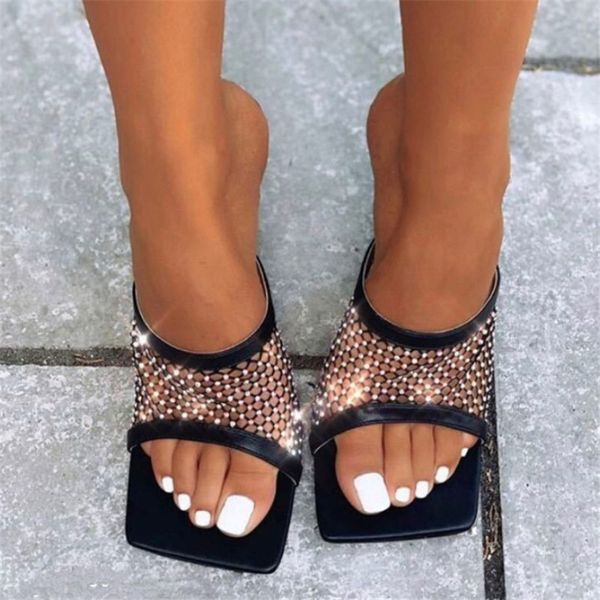 

breathable hollow mesh rhinestone flip flops fashion slip square open toe sandals stiletto high heels slides party, Black