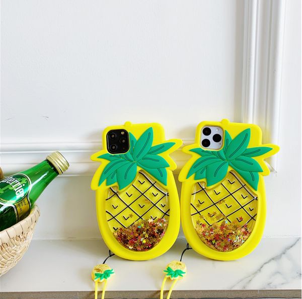 

3d cartoon soft silicone case glitter liquid floating pineapple strawberry phone case for iphone 11 pro xr xs max x 8 7 plus cover