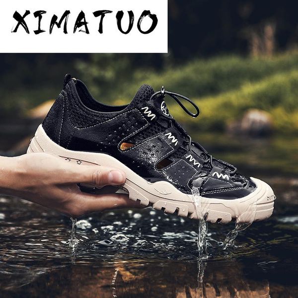 

summer men's genuine leather sandals waterproof non-slip sandals daily outdoor black khaki men casual shoes bteathable slip-on