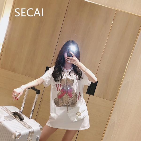 

tdaav 2020 new early spring summer black and white cotton plus size women's bear high temperature drilling style long type t-shirt t-sh