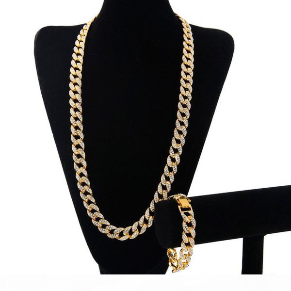 

hip hop iced out 18k gold plated full diamond curb cuban link chain necklace & bracelets 2pcs jewelry sets for men women, Silver