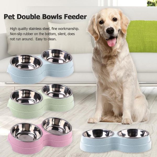 

double bowl cat puppy food bowl stainless steel pet feeder healthy cat dog supplies large capacity for dog puppy feeding dishes