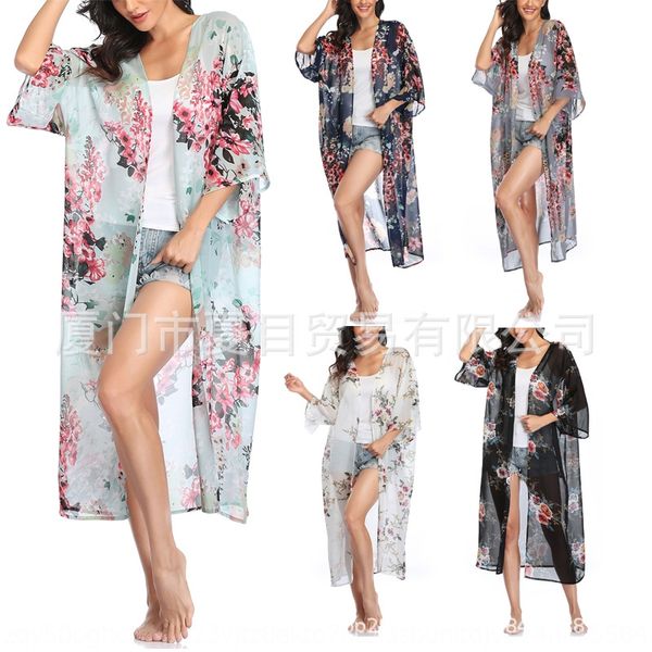 

loose large size women's blouse holiday chiffon kimono cardigan sunscreen sunscreen shirt shirt clothes, Blue;gray