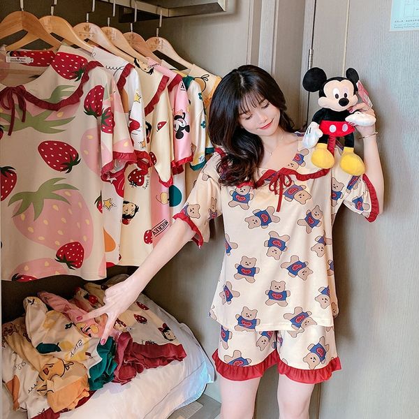 

pajamas women's thin short-sleeved clothes clothes doll home clothing doll collar cute korean ins internet celebrity home wear suit, Blue;red