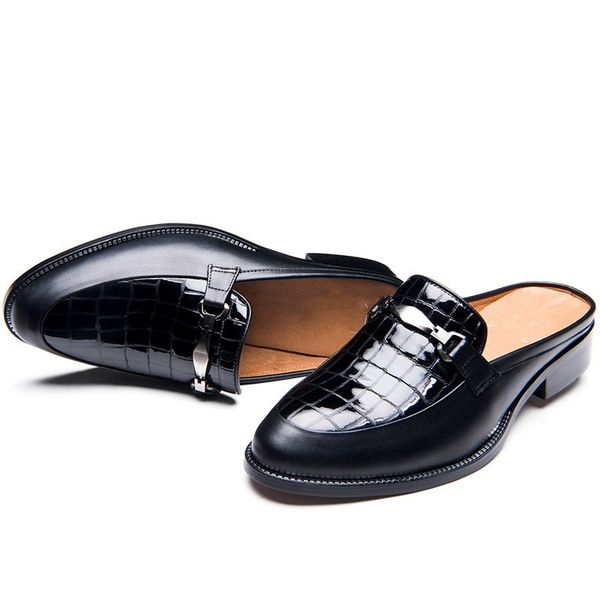 

mens лета тавра скольжению на бизнес повседневный тапочки мокасины человек остроконечные toe подлинная кожа сандалии обувь, Black