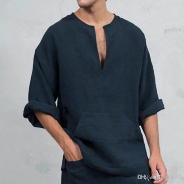 

men's linen middle eastern ethnic style v-neck loose flared long sleeve t-shirt, White;black