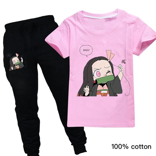 

2020 new summer kawaii kimetsu no yaiba t shirt+pants 2pcs baby girl clothes set japanese cartoon kids demon slayer clothing, White